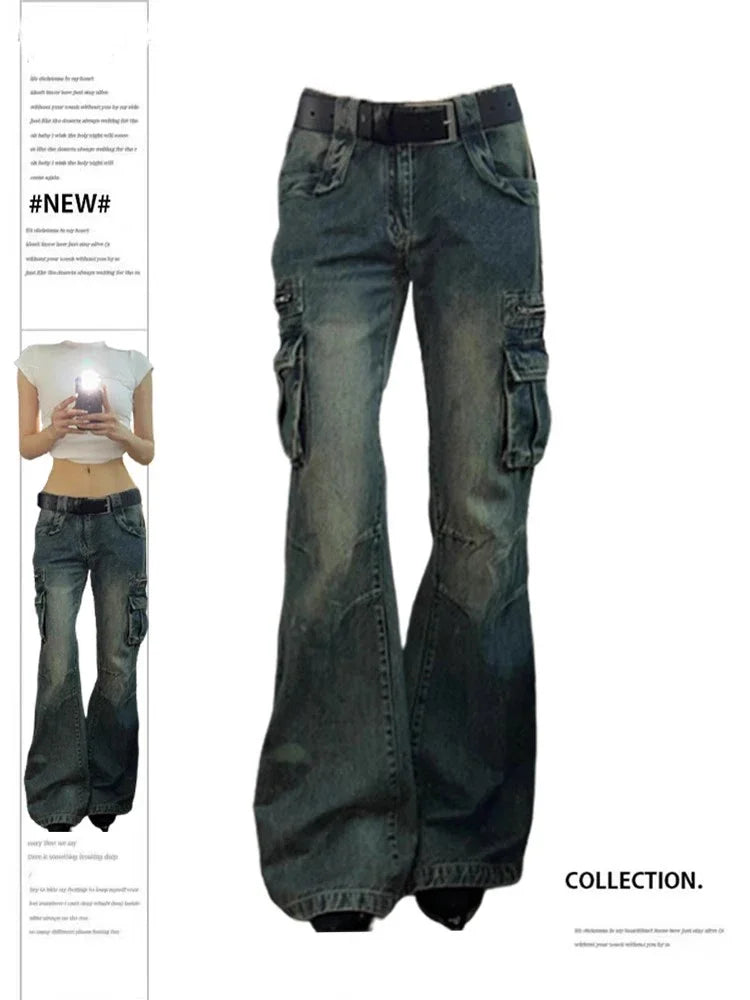 Women Cargo Pants  Big Pocket Casual Mopping Denim Loose Jeans