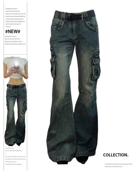 Women Cargo Pants  Big Pocket Casual Mopping Denim Loose Jeans