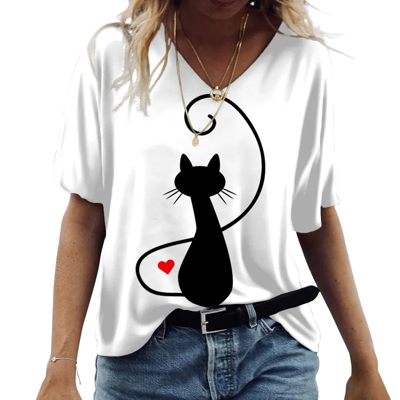 Cute Cats Graphics Print Short Sleeve Fashion Casual Tees