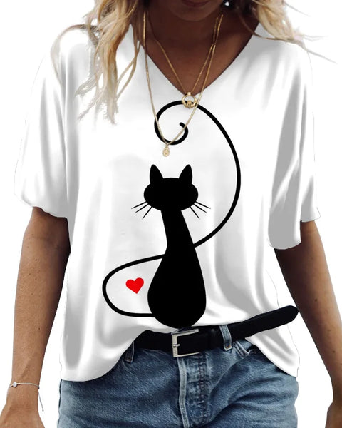 Cute Cats Graphics Print Short Sleeve Fashion Casual Tees