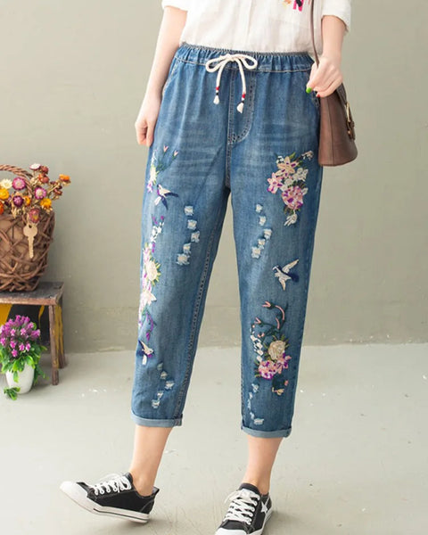 Women's Vintage Floral Loose Denim Pants