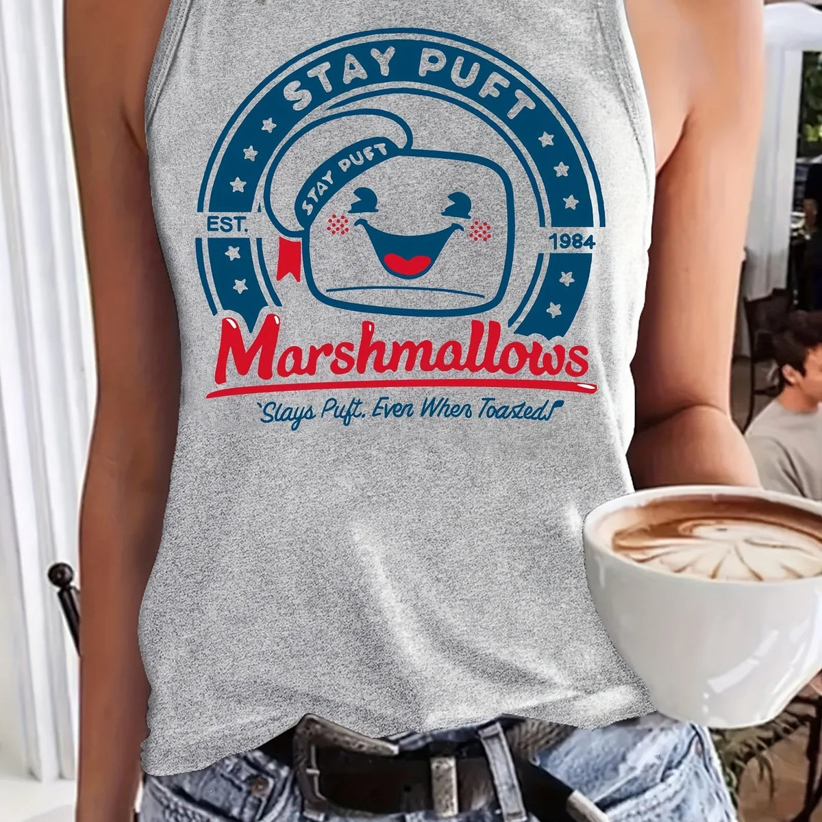 Marshmallows Print Round Neck Sleeveless Tank Top T-shirt