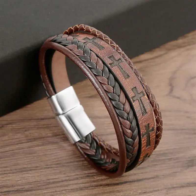 Vintage Men's Leather Bracelet Hand-Woven Multilayer Leather