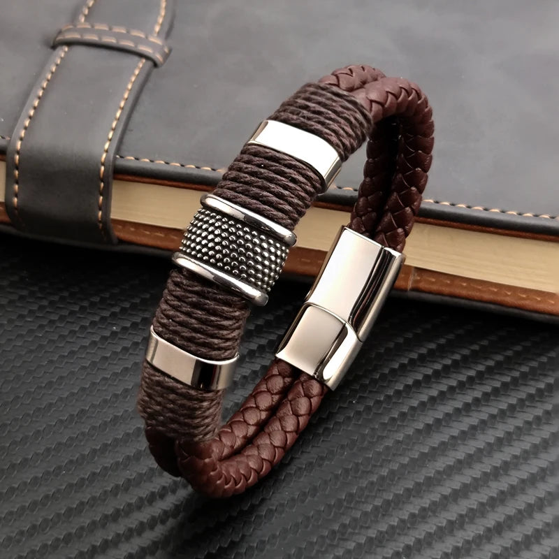 Luxury Vintage Multilayer Brown Leather Stainless Steel  Men Bracelet