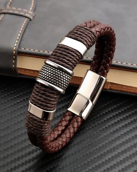 Luxury Vintage Multilayer Brown Leather Stainless Steel  Men Bracelet