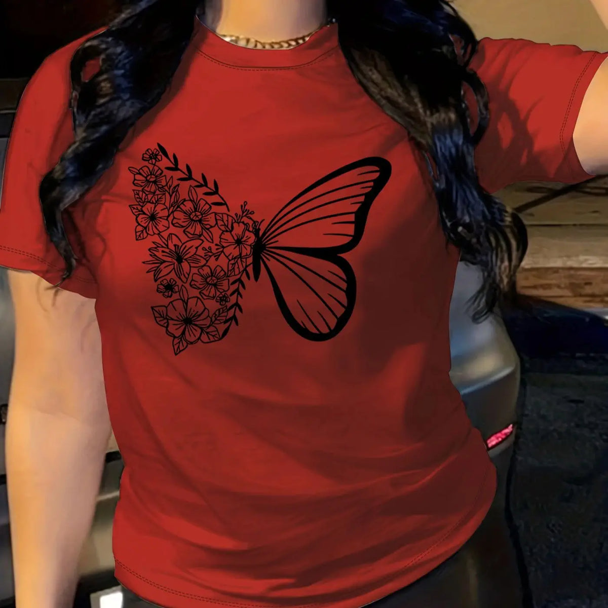 butterfly  print t-shirt, short sleeve crew neck casual top for summer & spring, women's clothing