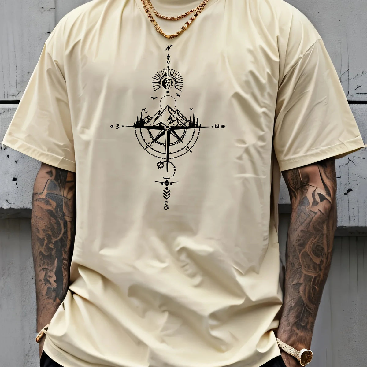 Summer men's 100% pure cotton casual sports loose oversized retro compass printed comfortable round neck short sleeved T-shirt