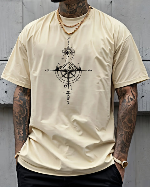 Summer men's 100% pure cotton casual sports loose oversized retro compass printed comfortable round neck short sleeved T-shirt