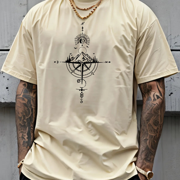 Summer men's 100% pure cotton casual sports loose oversized retro compass printed comfortable round neck short sleeved T-shirt