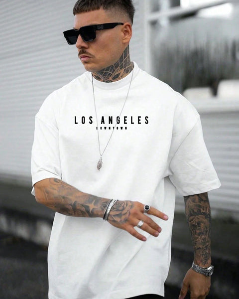 Summer men's 100% cotton comfortable casual loose oversized creative Los Angeles print sports round neck short sleeved T-shirt