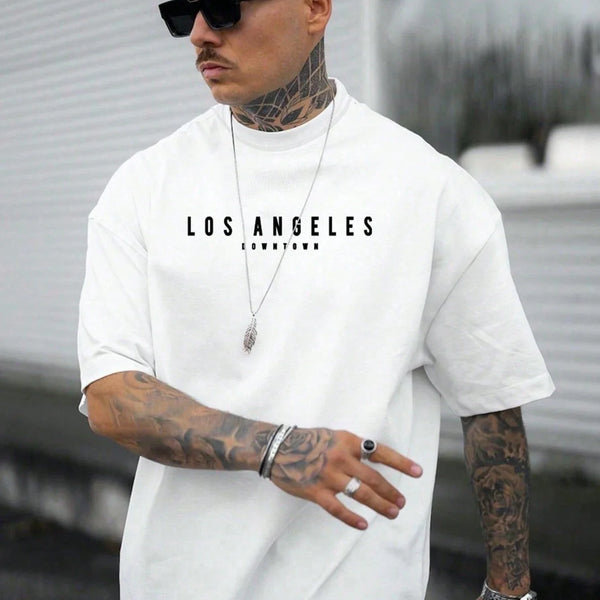 Summer men's 100% cotton comfortable casual loose oversized creative Los Angeles print sports round neck short sleeved T-shirt