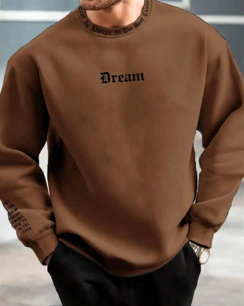 Men Fall Winter Sweatshirt Round Neck Long Sleeve Men Top Letter Print Thick Loose Warm Mid Length Men Casual Top