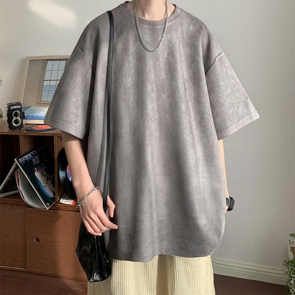 Men's Suede Short Sleeve T-shirt Vintage Loose T-shirts Women Casual Oversized T Shirt O Neck Retro Harajuku Tops Tees New 2023