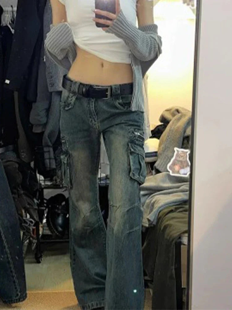 Women Cargo Pants  Big Pocket Casual Mopping Denim Loose Jeans