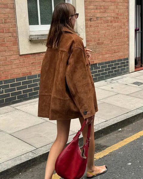 Retro Brown Single Breasted Loose Jackets Women Chic Pockets Long Sleeve Blazer