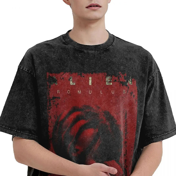 2024 New Alien Romulus Print Washed T Shirt Male Streetwear Casual T-Shirt Beach O Neck Leisure Tee Shirt Print Big Size Clothes
