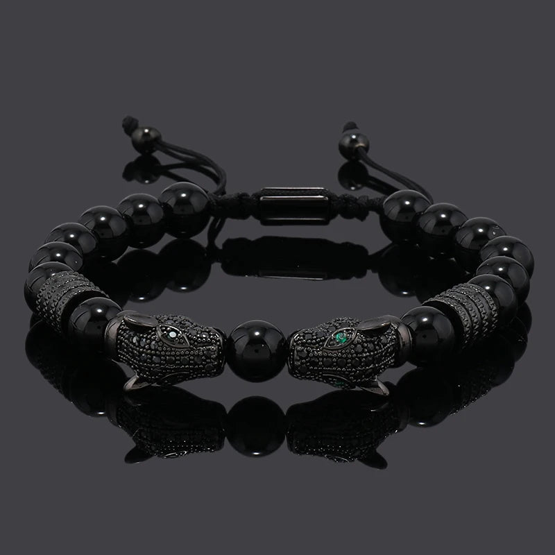 Luxury Black Stone Beads Man Bracelet Leopard Head Charms Women Bracelets