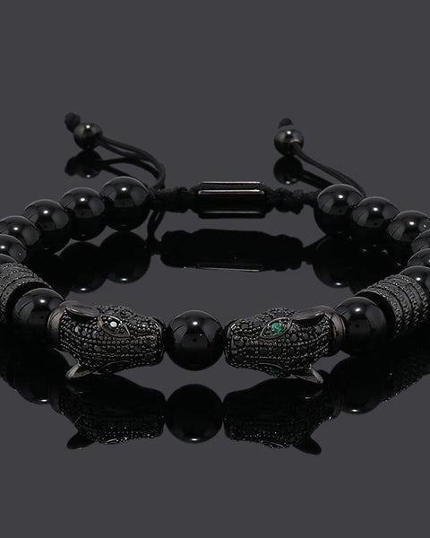 Luxury Black Stone Beads Man Bracelet Leopard Head Charms Women Bracelets