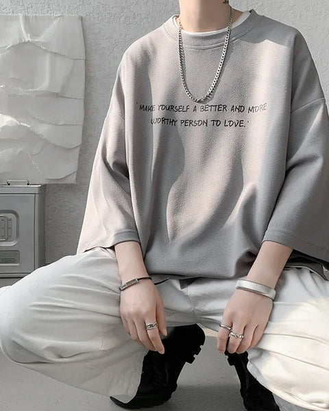 Loose Ice Silk Men's T-shirt Short Sleeve Oversize Feeling Five-Quarter Sleeve Fashionable Casual Summer Crew Neck Top