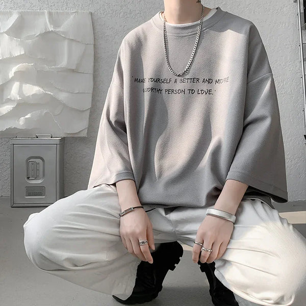 Loose Ice Silk Men's T-shirt Short Sleeve Oversize Feeling Five-Quarter Sleeve Fashionable Casual Summer Crew Neck Top