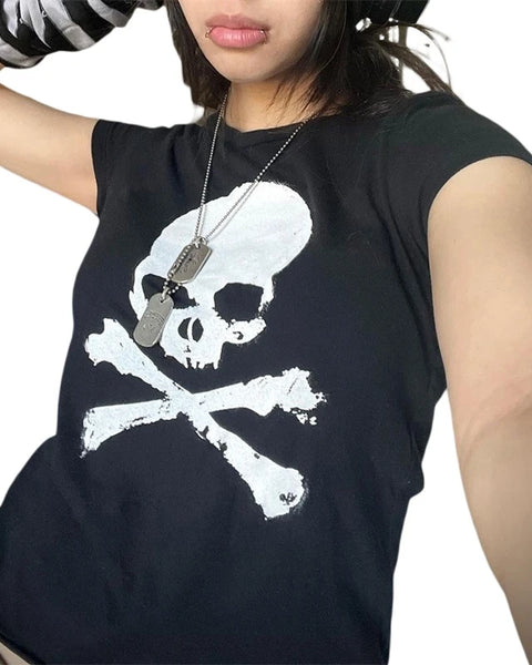 Vintage Grunge Graphic Print Short Sleeve T-Shirt Y2k Slim Crop Top Gothic Skull Punk Streetwear Women's Tee Summer Casual 90s