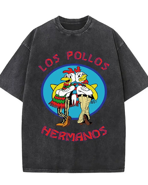 Summer men's and women's fashion water wash vintage retro Los Pollos Hermanos chicken pattern T-shirt casual loose top