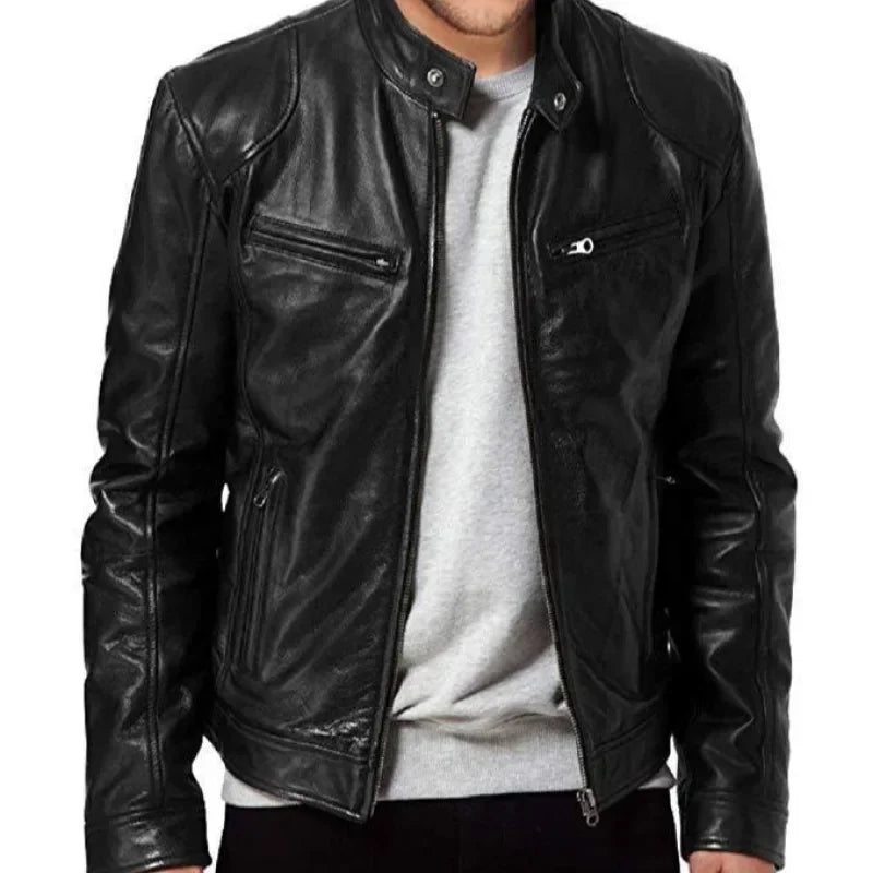 Men's PU Leather Jacket Stand Neck Zipper Slim Fit