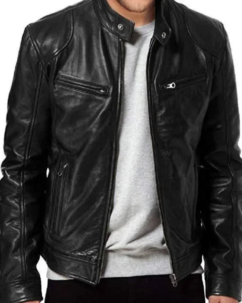 Men's PU Leather Jacket Stand Neck Zipper Slim Fit