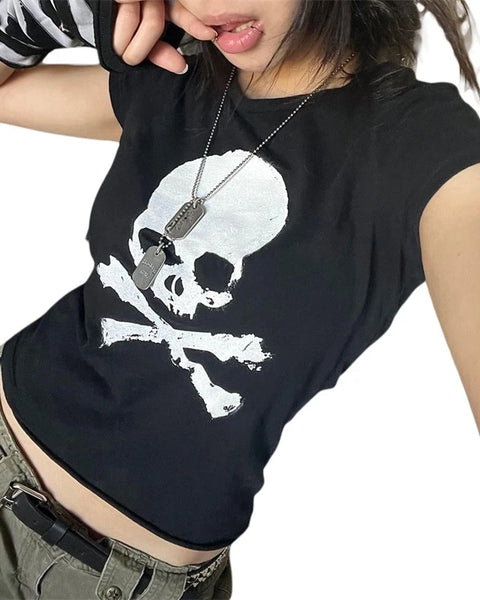 Vintage Grunge Graphic Print Short Sleeve T-Shirt Y2k Slim Crop Top Gothic Skull Punk Streetwear Women's Tee Summer Casual 90s