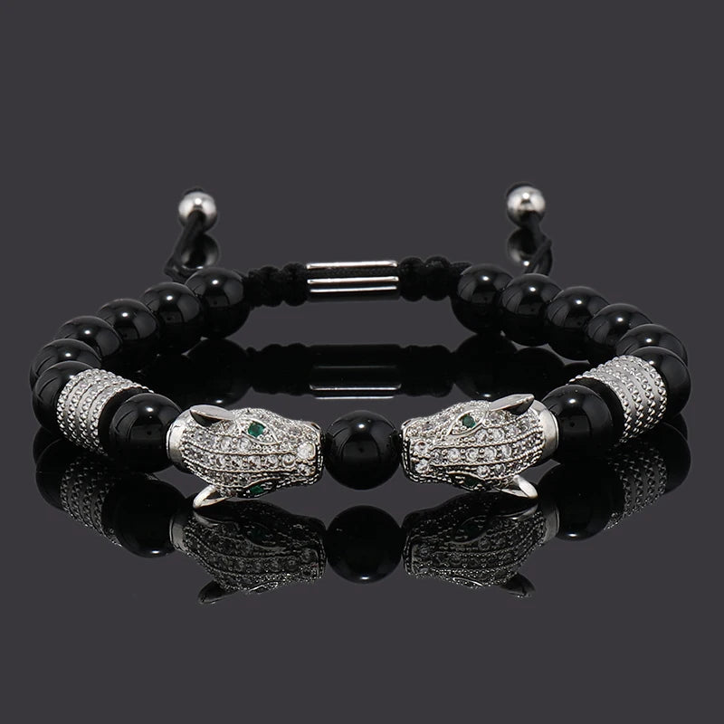 Luxury Black Stone Beads Man Bracelet Leopard Head Charms Women Bracelets