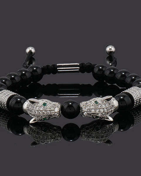 Luxury Black Stone Beads Man Bracelet Leopard Head Charms Women Bracelets