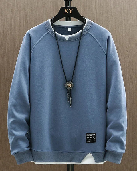 2025 New Mens Casual Sweatshirts Harajuku Solid Color Fashion Fake Two Pieces O-Neck Sweatshirt Hoodies Hip Hop Male Streetwear