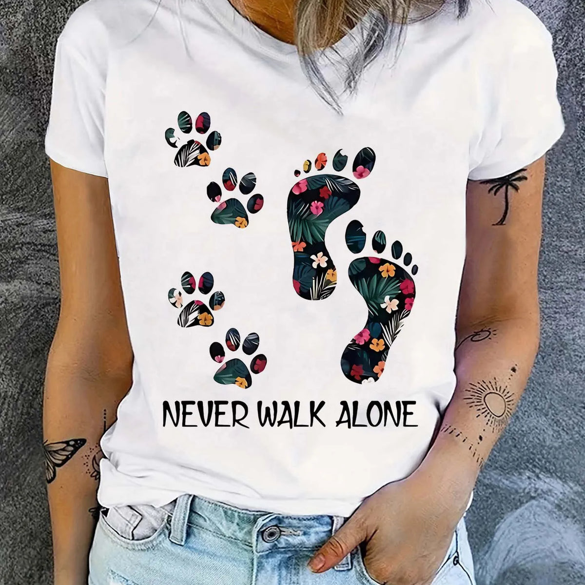 Never Walk Alone Print T-shirt Short Sleeve Crew Neck Casual Top for Summer & Spring Women's Clothing