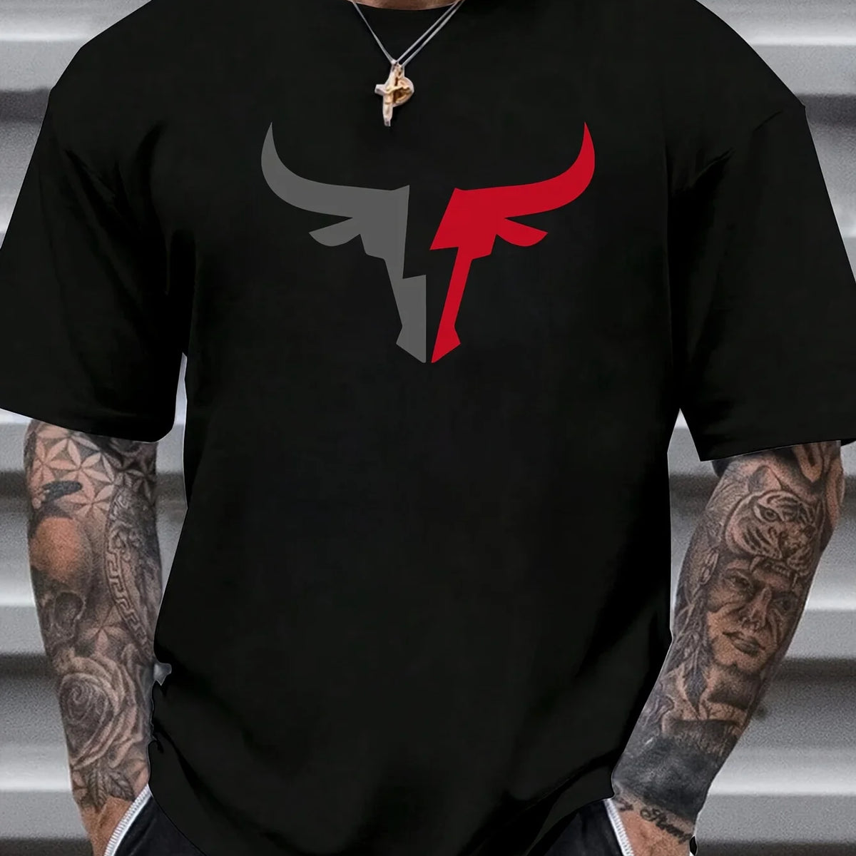 Summer men's 100% cotton comfortable casual loose fit plus size bull pattern print sports round neck short sleeved T-shirt top