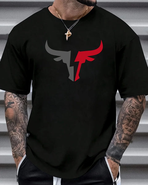 Summer men's 100% cotton comfortable casual loose fit plus size bull pattern print sports round neck short sleeved T-shirt top