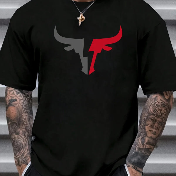 Summer men's 100% cotton comfortable casual loose fit plus size bull pattern print sports round neck short sleeved T-shirt top