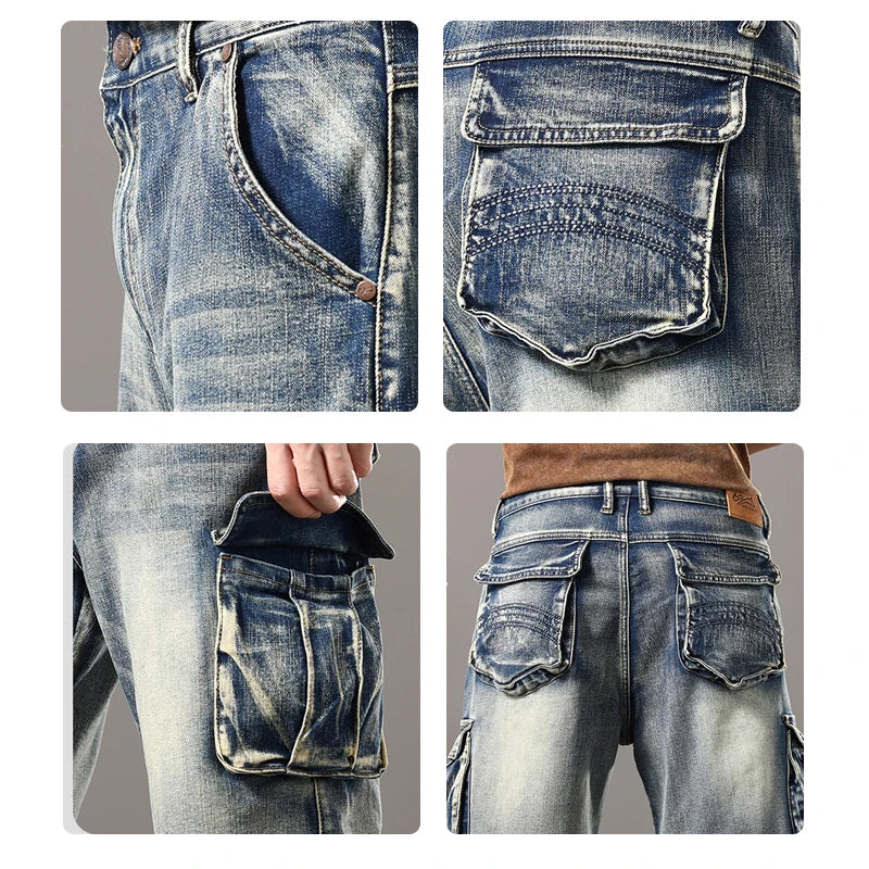 Summer new elastic American retro multi -pocket tools for denim shorts