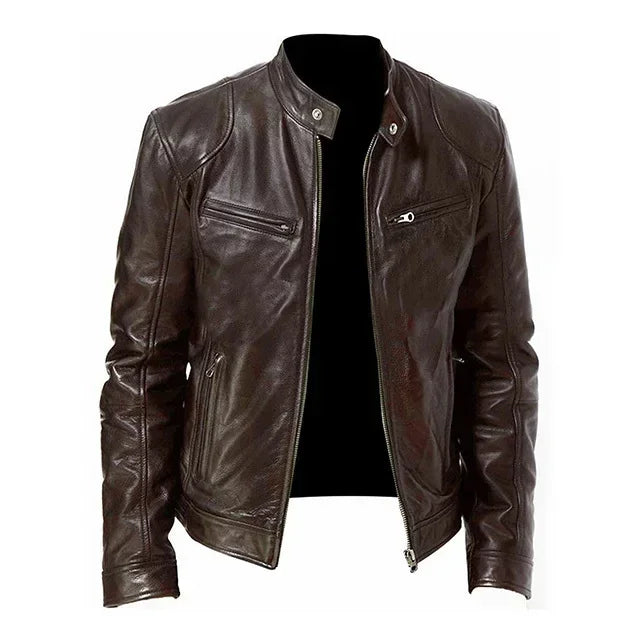 Men's PU Leather Jacket Stand Neck Zipper Slim Fit