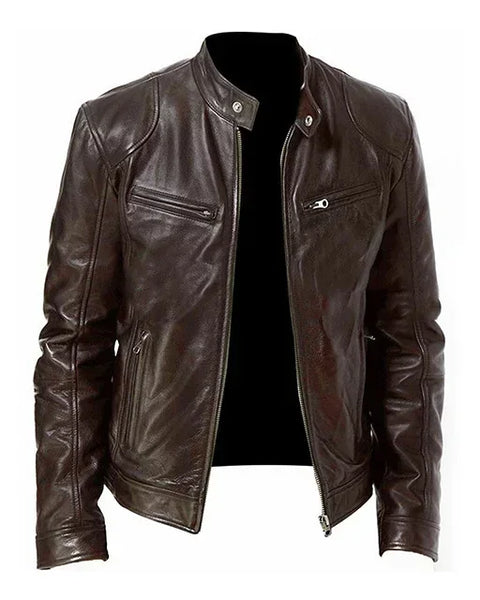 Men's PU Leather Jacket Stand Neck Zipper Slim Fit