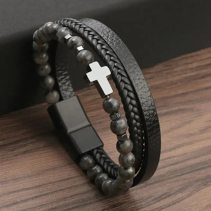 Vintage Men's Leather Bracelet Hand-Woven Multilayer Leather