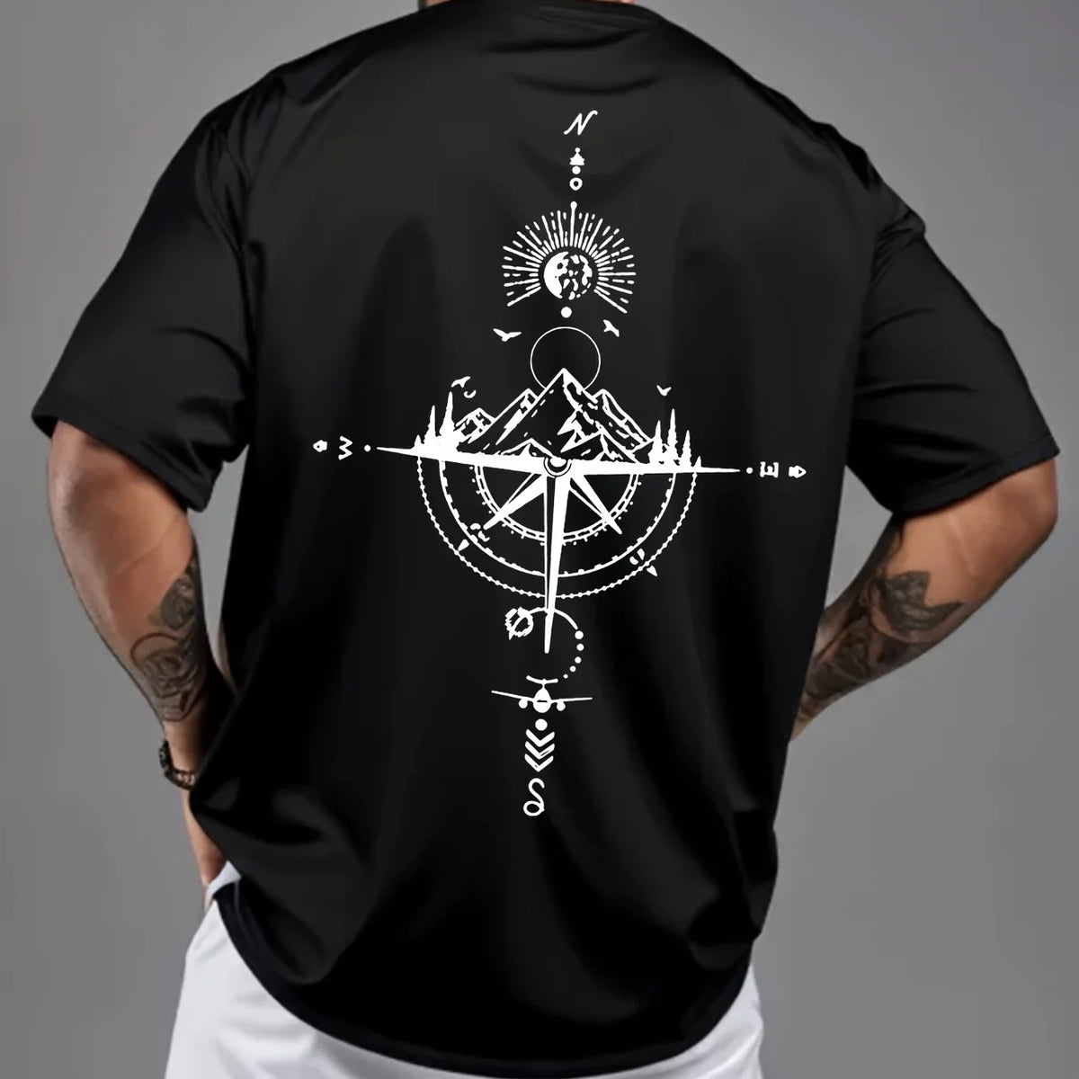 Summer men's 100% pure cotton casual sports loose oversized retro compass printed comfortable round neck short sleeved T-shirt