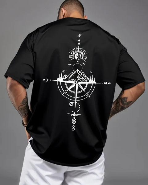 Summer men's 100% pure cotton casual sports loose oversized retro compass printed comfortable round neck short sleeved T-shirt