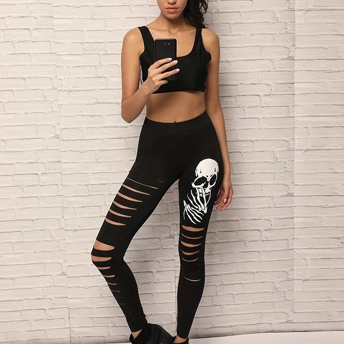 New European-style Ripped Niners Fashion Skull Print Leggings Gothic Style