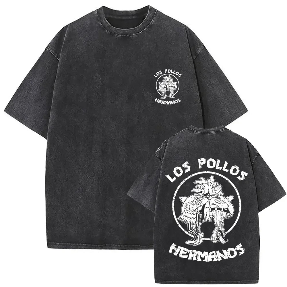 Summer men's and women's fashion water wash vintage retro Los Pollos Hermanos chicken pattern T-shirt casual loose top