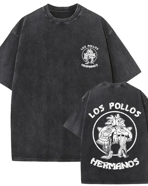 Summer men's and women's fashion water wash vintage retro Los Pollos Hermanos chicken pattern T-shirt casual loose top