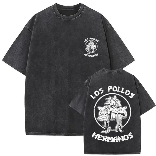 Summer men's and women's fashion water wash vintage retro Los Pollos Hermanos chicken pattern T-shirt casual loose top