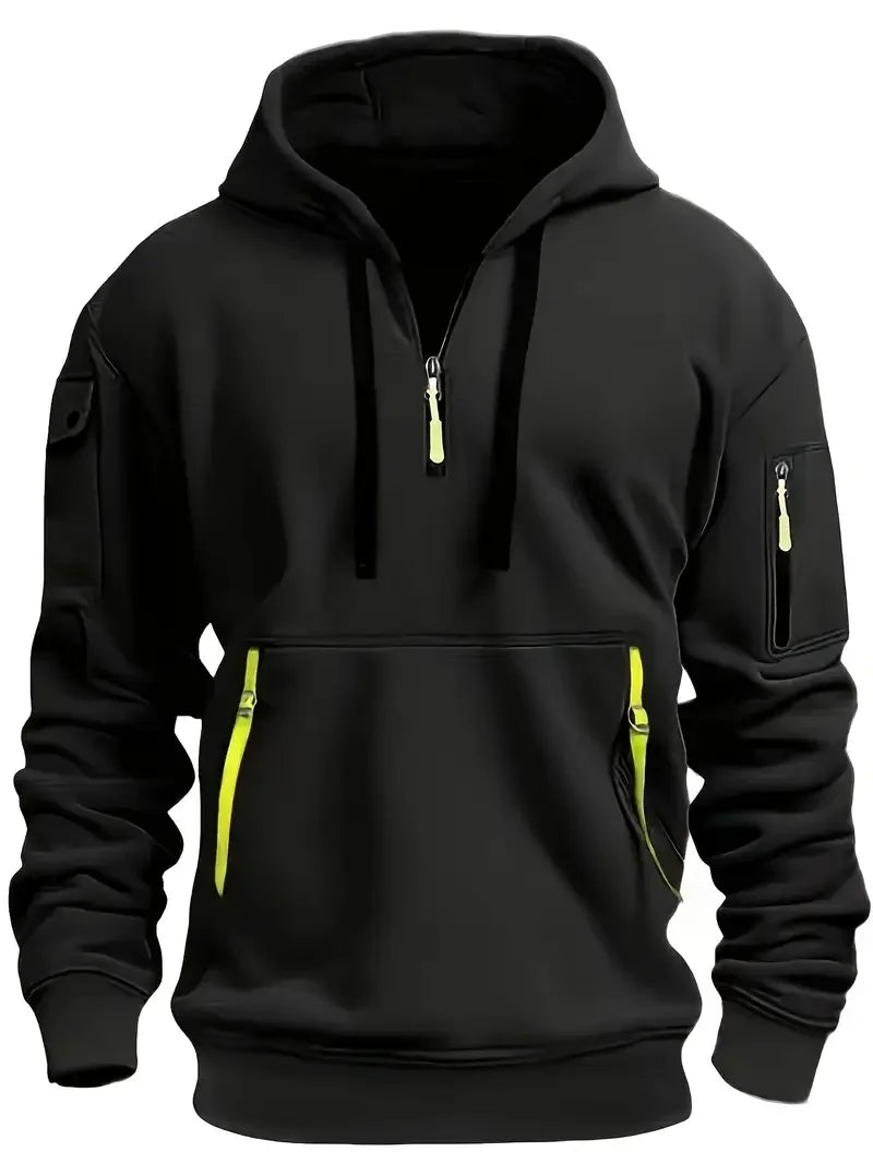 Men's Fashionable Hooded Sweatshirt with Multiple Pockets and Zippers, Casual Long Sleeved Pullover, Regular Fit, Solid Color Kn