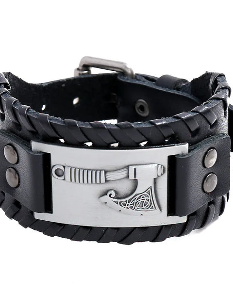 Trendy Wide Edition Leather Woven Rune Viking Tomahawk Bracelet