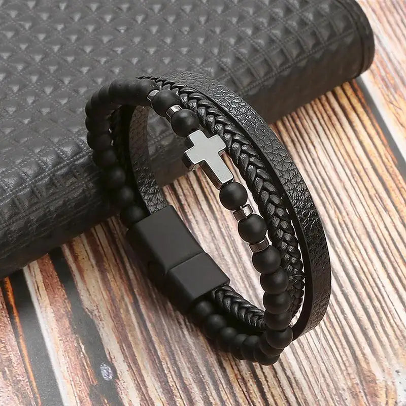 Vintage Men's Leather Bracelet Hand-Woven Multilayer Leather