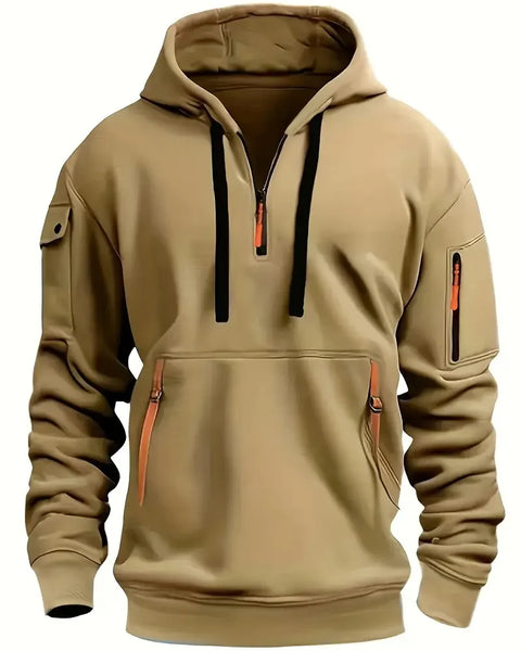 Men's Fashionable Hooded Sweatshirt with Multiple Pockets and Zippers, Casual Long Sleeved Pullover, Regular Fit, Solid Color Kn